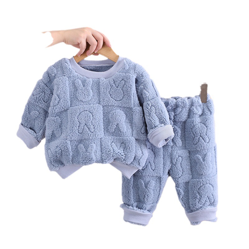 Niños y niñas 2023 nuevo forro polar grueso jacquard cuello redondo pijamas traje de manga larga bebé cálido hogar desgaste conjunto de dos piezas