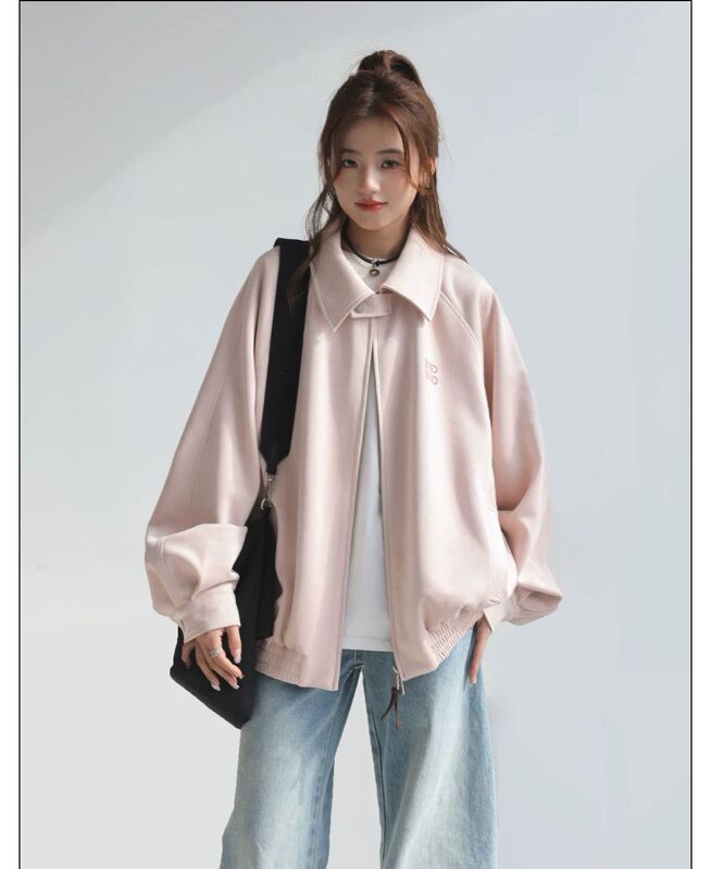 Pink Suede Jacket for Women Spring & Fall Korean Chic Chic Letter Embroidered Lapel Jacket Apricot Chenille