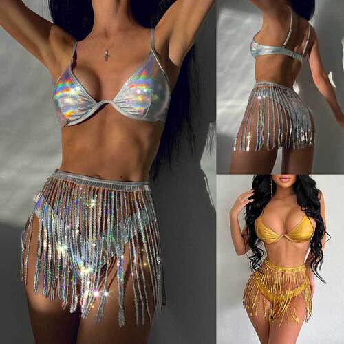 European and American three-point swimsuit sequined fringed skirt swimsuit swimsuit three-piece set fringed skirt European and American hot girl women's clothing