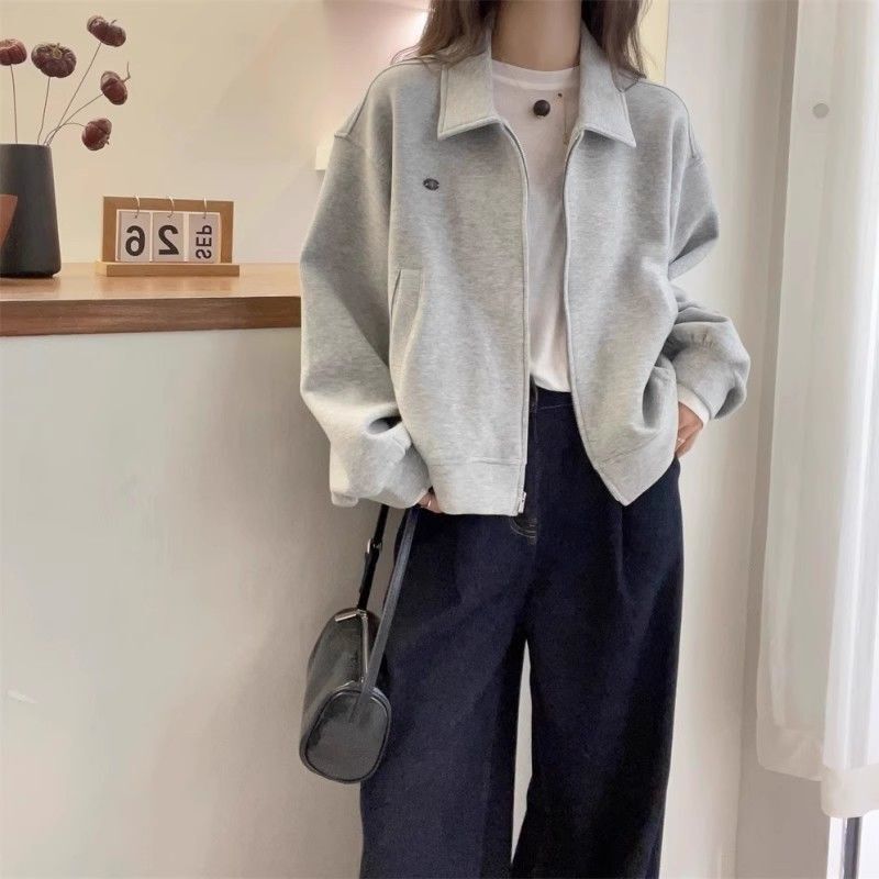 2025 Autumn Lapel Right Shoulder Sweatshirt Jacket Women's Spring Large Size Fashion Slim European New Jacket Cardigan Top