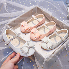 Little Girl's Soft Sole Crystal Princess Shoes with Bow 2024 Spring and Autumn New Arrival