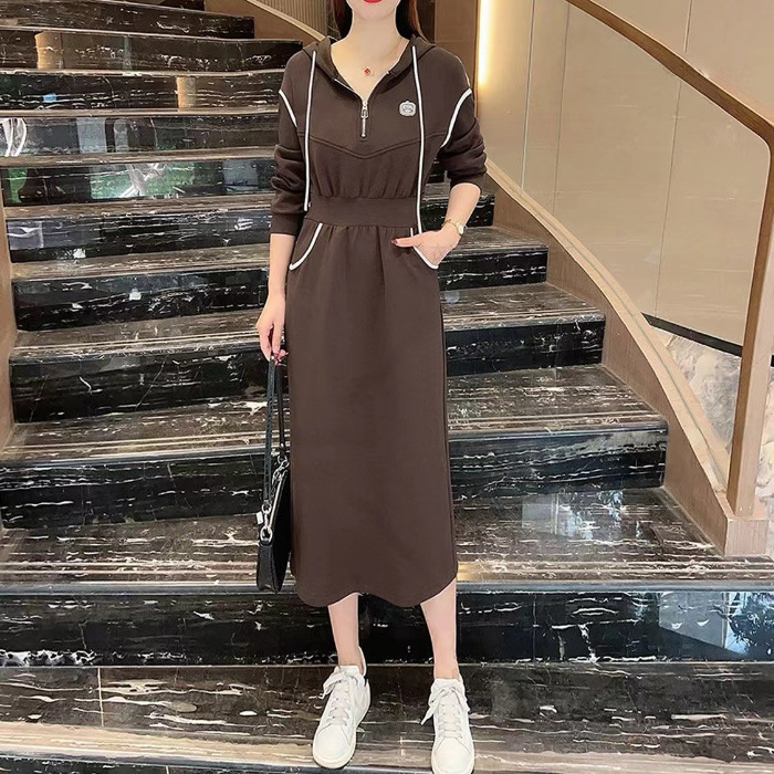 连衣裙女2025春秋季新款时尚连帽抽绳A字裙收腰显瘦中长裙子潮|undefined