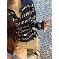 Polo翻领条纹撞色上衣宽松长袖V领T恤女秋冬季松弛感韩系复古毛衣