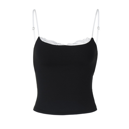 Spring 2025 New Product Spicy Girl Style Personality Splicing Color Blocking Low-Chest One-Shoulder Strap Two-Piece Tank Top