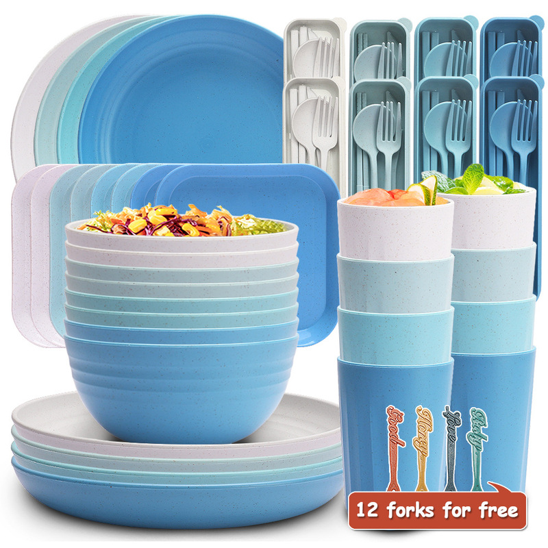 Cross-border striped Bowl Cup plate wheat straw tableware suit household salad bowl portable folding chopping board fruit knife Cross-border striped Bowl Cup plate wheat straw tableware suit household salad bowl portable folding chopping board fruit knife