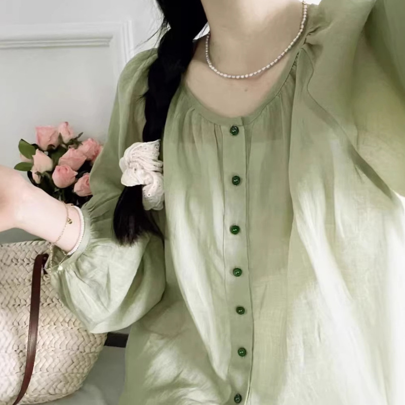 Custom-Designed Fresh Green Color! 100-Count Natural Enzyme-Washed Fine Ramie Loose Round-Neck Three-Quarter Sleeve Shirt for Women in Summer
