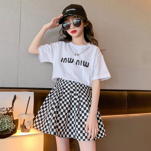 Girls summer plaid skirt suit 2023 new medium and large children's letter printed T-shirt short skirt college style two-piece set