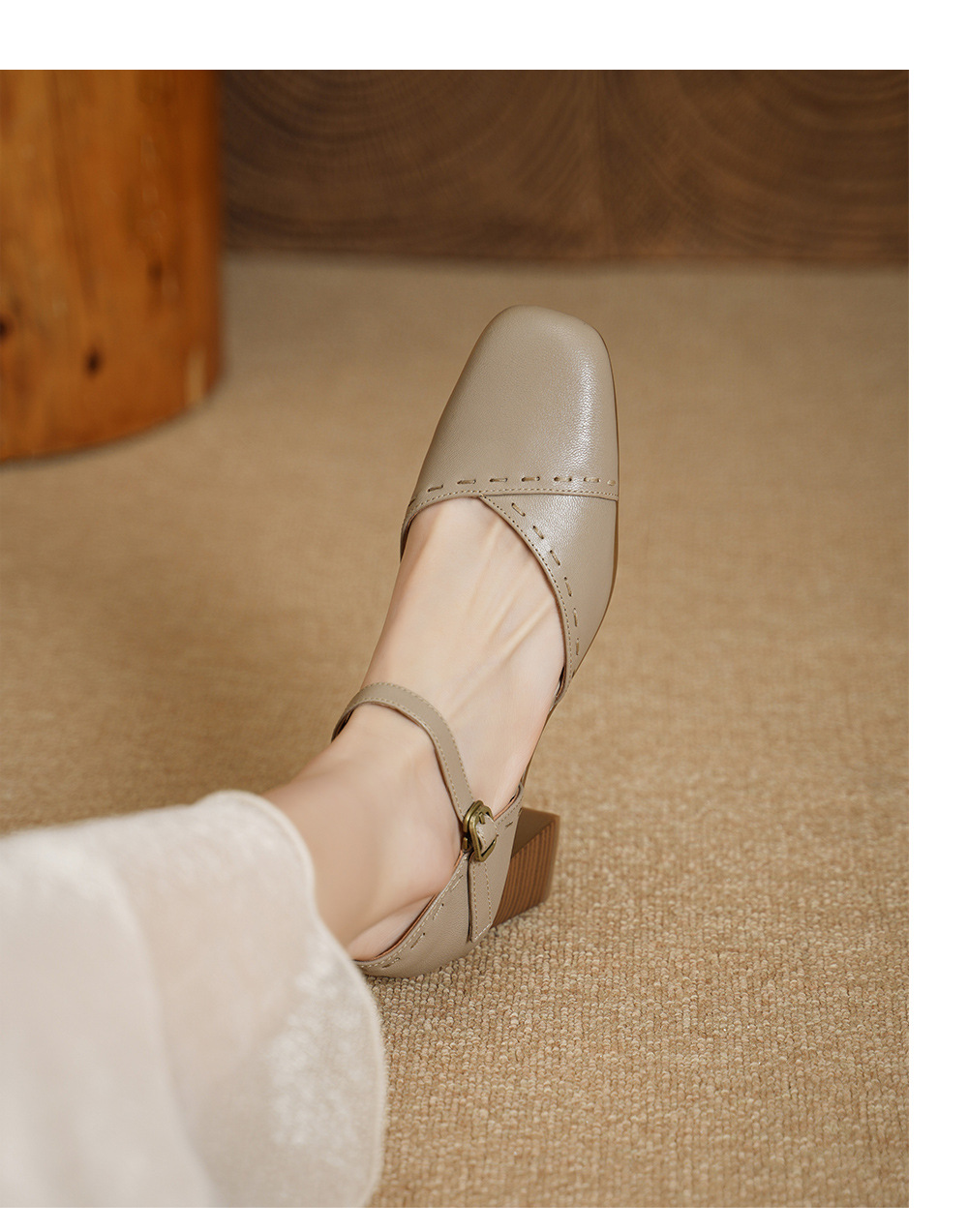 Giày sandal cao gót nữ quai ngang mũi vuông gót 6 cm — đen chi tiết 4
