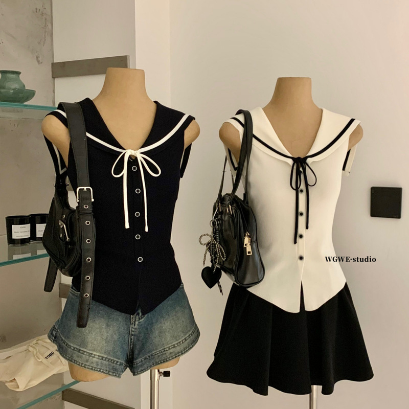 WGWE2026 Summer Korean College Style Color-Block Versatile Slim-Fit Navy Collar Sleeveless Knit Top W9563