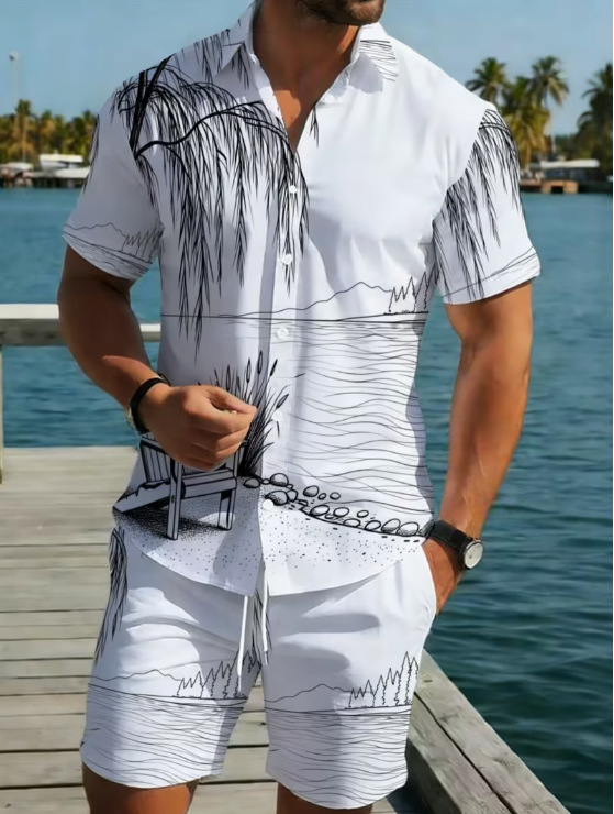 Men's Casual Hawaiian Print Shirt And Shorts Set Polyester Loose Fit Spring Summer Autumn Wear Y2K_viptrois.com