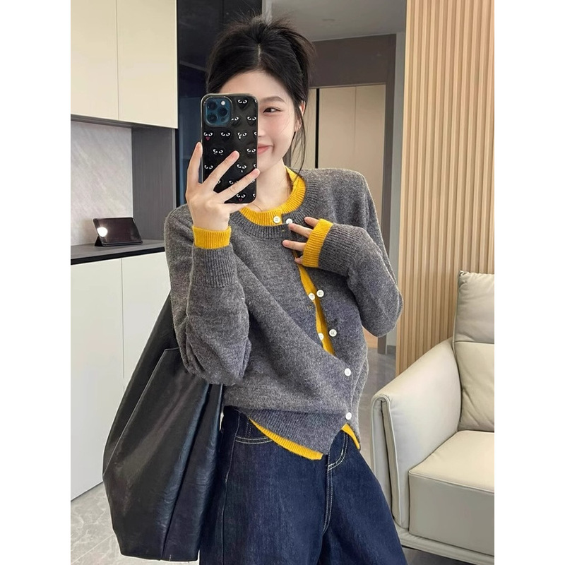 Gray Design Fake Two-Piece Knitted Cardigan for Women, Spring and Autumn High-End Tops, Korean Style Sweater Jackets for Spring