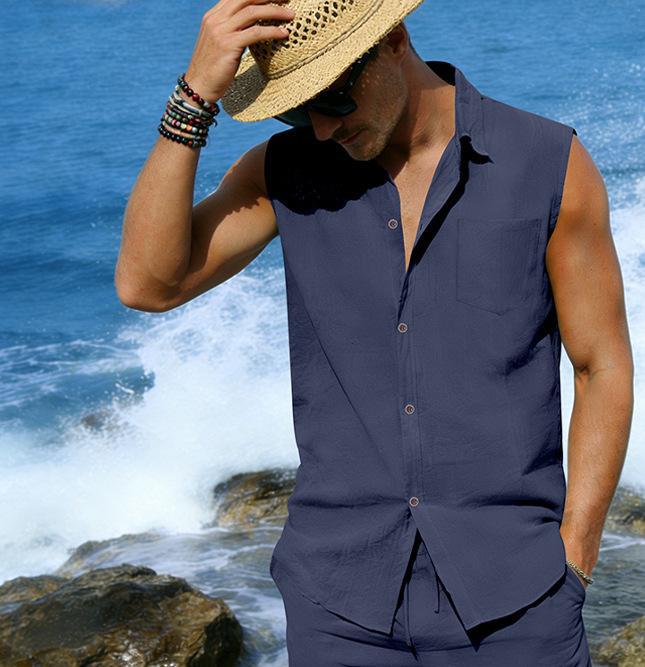 Chaleco de lino sin mangas para hombre estilo casual verano_voghion.com