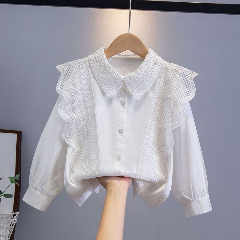 Girls' White Long-Sleeve Shirt, Spring and Autumn Wear, Children's Cotton Shirt, New School Uniform, Girls' Top, White Blouse