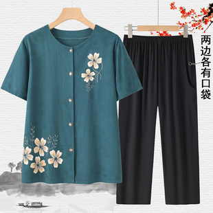 Middle-Aged and Elderly Women's Summer Clothing Set for Grandma, Mom's Cotton Short-Sleeve Shirt Top, Wife's Two-Piece Thin Outfit