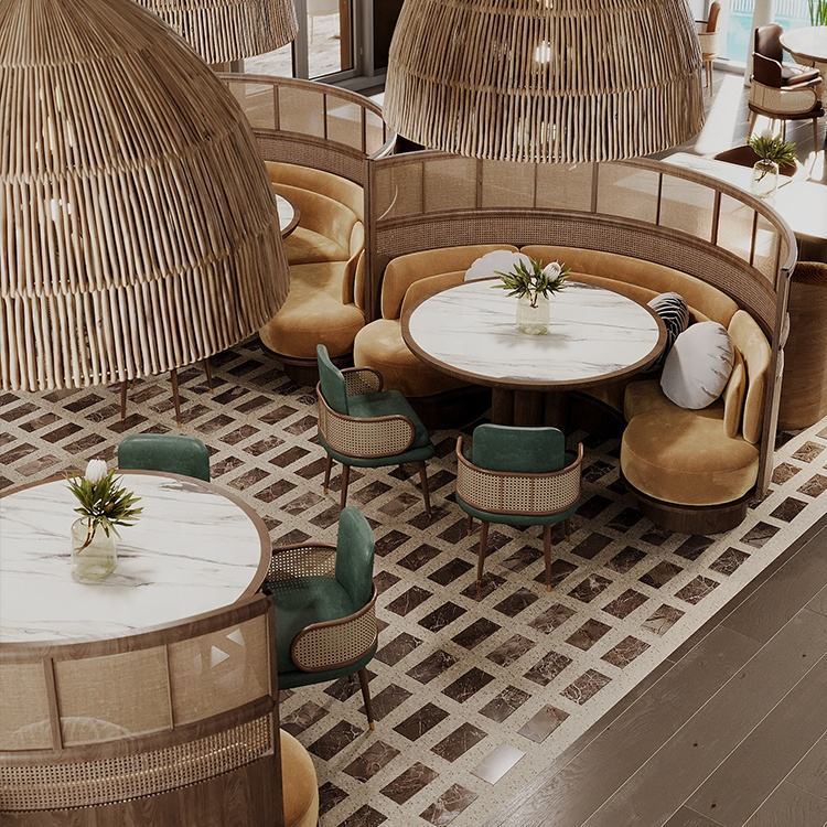 Café de madera mesa y silla de café de madera maciza tejida de vidano y arena de desarrollo de muebles de mesa y silla de restaurante hotel