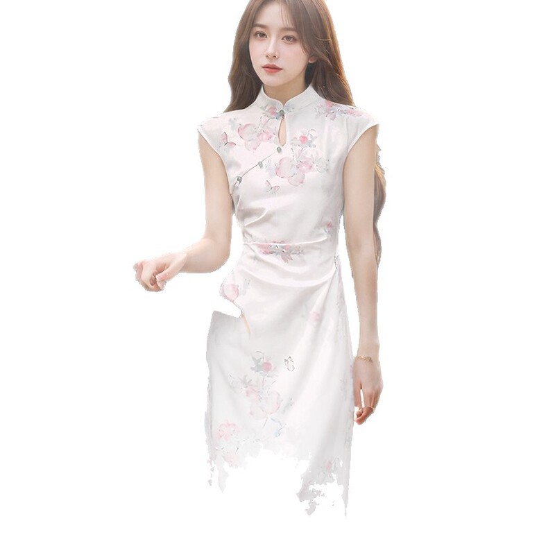 新中式印花改良旗袍年轻款显瘦显白开叉长款连衣裙女年夏季|undefined