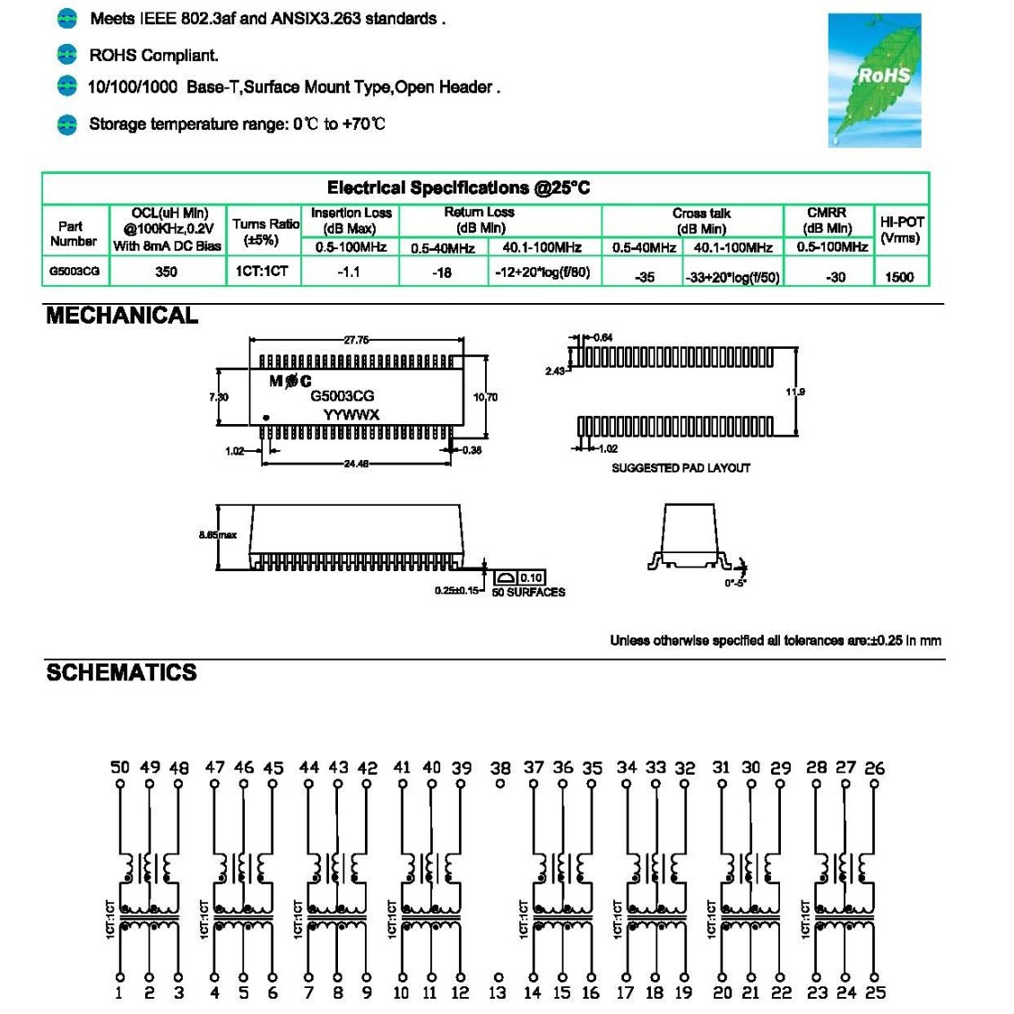 G5003CG 以太网络变压器LAN Transformers 1000-Base-T