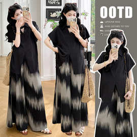 孕妇装夏中式高级感套装休闲短袖衬衫大码遮肉显瘦阔腿裤子两件套