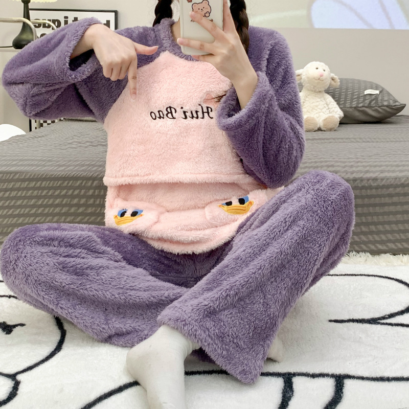 Autumn and Winter thickened plush pregnant women's pajamas cute embroidered nursing confinement clothing homewear suit New Autumn and Winter thickened plush pregnant women's pajamas cute embroidered nursing confinement clothing homewear suit New