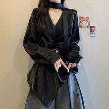 醋酸缎面飘带V领长袖衬衫早秋2025新款大码女装胖MM收腰上衣