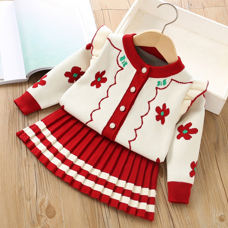 Mädchen Pullover 2023 Herbst/Winter Neue Koreanische Version Fasable Blume Gestrickte Plissee Prinzessin Kleid Zwei Stück Set_voghion.com