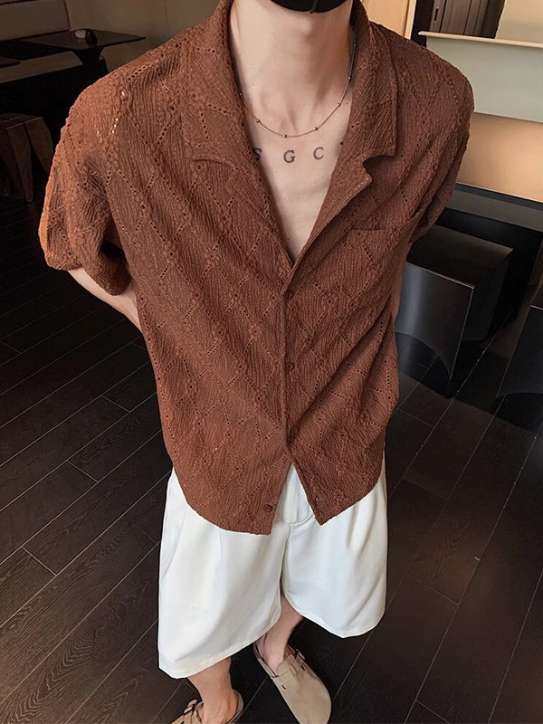 Old Qian Feng brown Hollow Short-sleeved Shirt Men's Summer Breathable Half-sleeved Shirt Cuban Collar Draped Half-sleeved Jacket