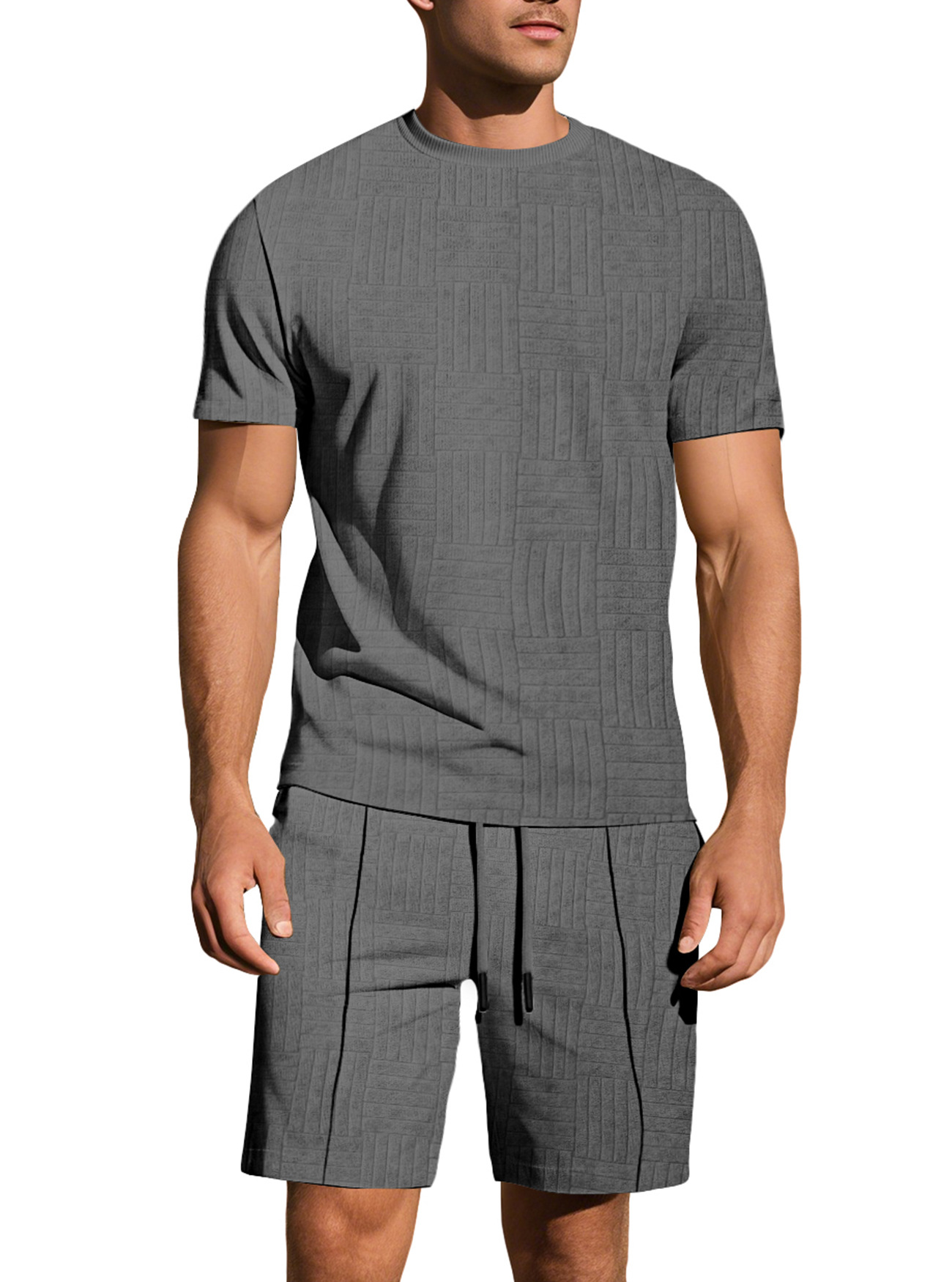Transfronterizo Europa y América Amazon verano hombre suelto transpirable Jacquard color sólido mangas cortas pantalones cortos deportivos casuales para hombres