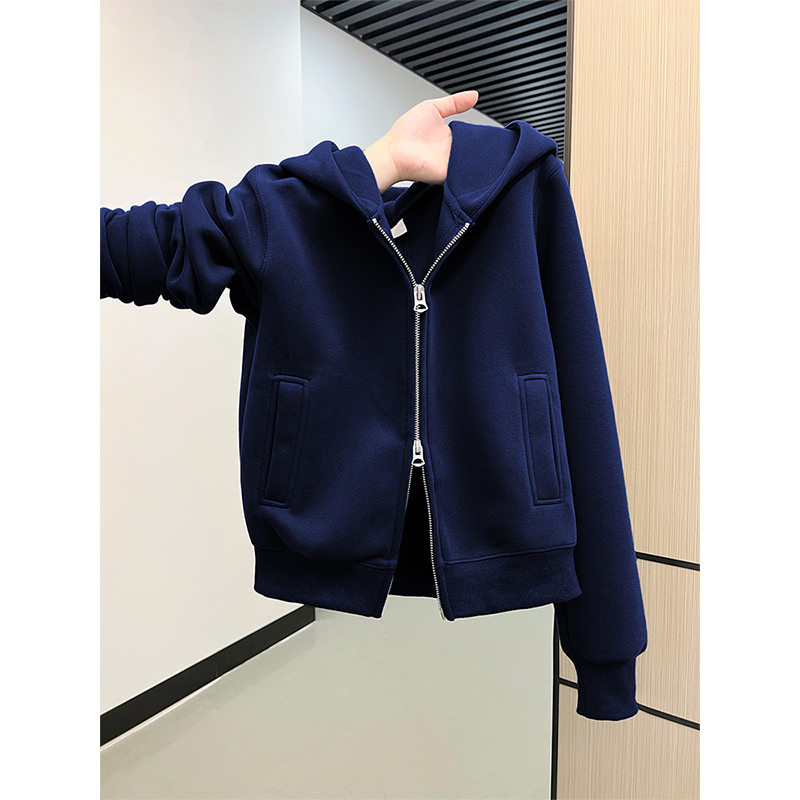 Navy Blue Pullover Sweatshirt for Women, Autumn and Winter, Fleece-Lined and Thickened, 2025 New Design, Niche Short Jacket with Hood