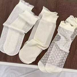 花边袜子女夏季薄款蕾丝白色透明中筒袜夏天日系直板袜百搭袜子