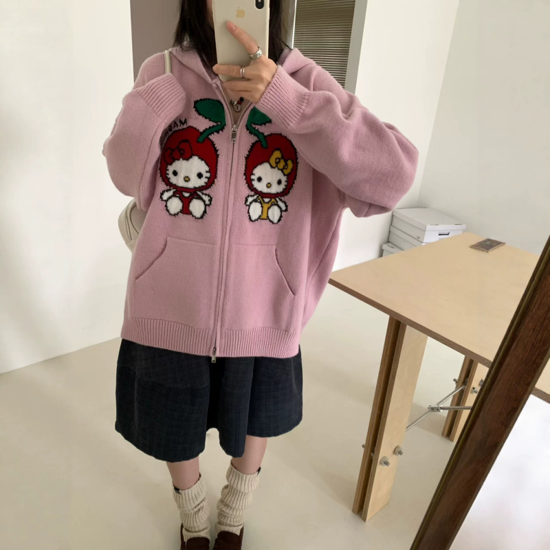 Cartoon Hello Kitty embroidered knitted hooded sweatshirt for women, 2026 autumn/winter new Korean-style loose and relaxed sweater coat Cartoon Hello Kitty embroidered knitted hooded sweatshirt for women, 2026 autumn/winter new Korean-style loose and relaxed sweater coat