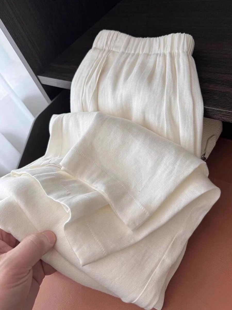 Quần trắng nữ eo cao ống rộng phong cách tối giản — màu trắng
