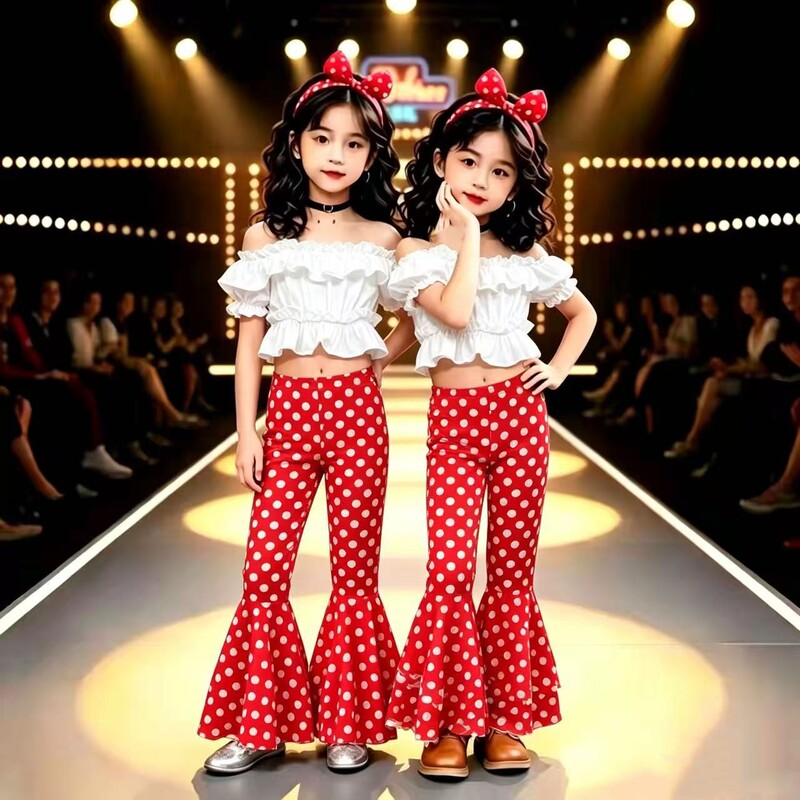 80S and 90S Children's Performance Costumes, Hong Kong Style Retro Girls' Outfits, Kindergarten Show Performance Sets, Bell-Bottom Pants