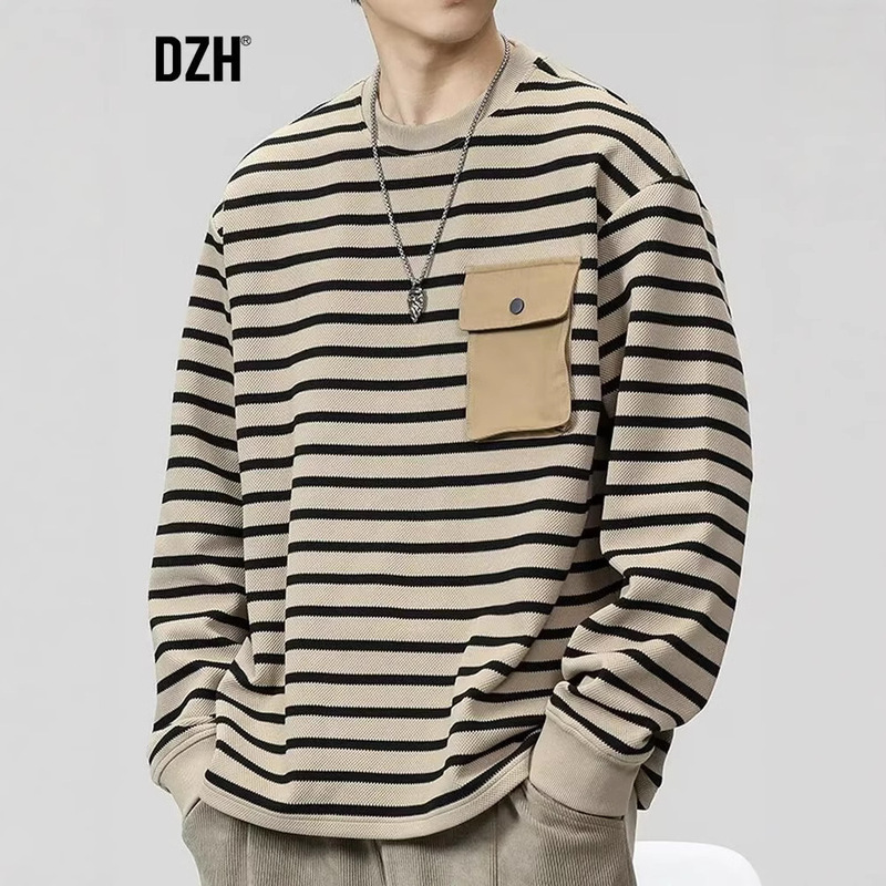 2024 Autumn and Winter Men's Heavy Workwear Pocket Long Sleeve Top Striped All-match Pullover Crewneck Sweater T-shirt Ins