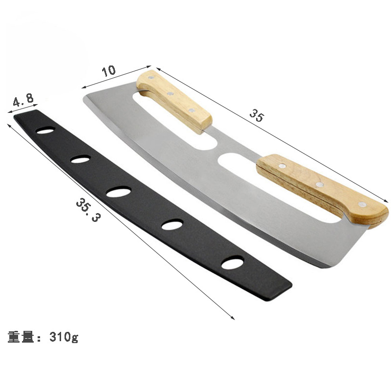 Cruzar la frontera doble mango cortador de pizza mango de madera semicírculo Pizza Rock cuchillo cortador de pizza de Acero Inoxidable marca nueva cubierta protectora