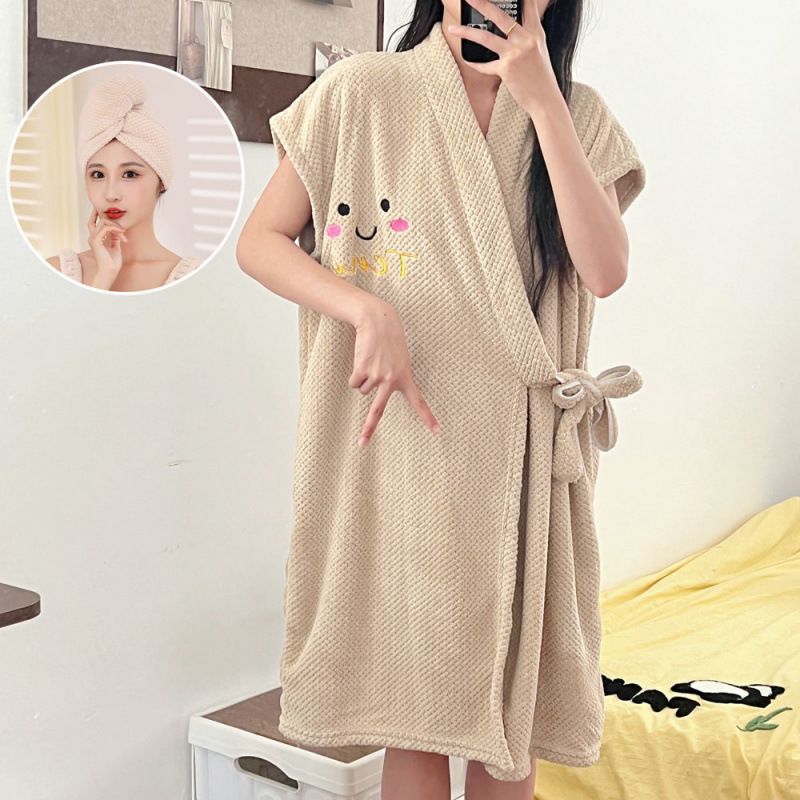 [반팔 샤워스커트] + [단층 헤어드라이캡] - 라이트브라운