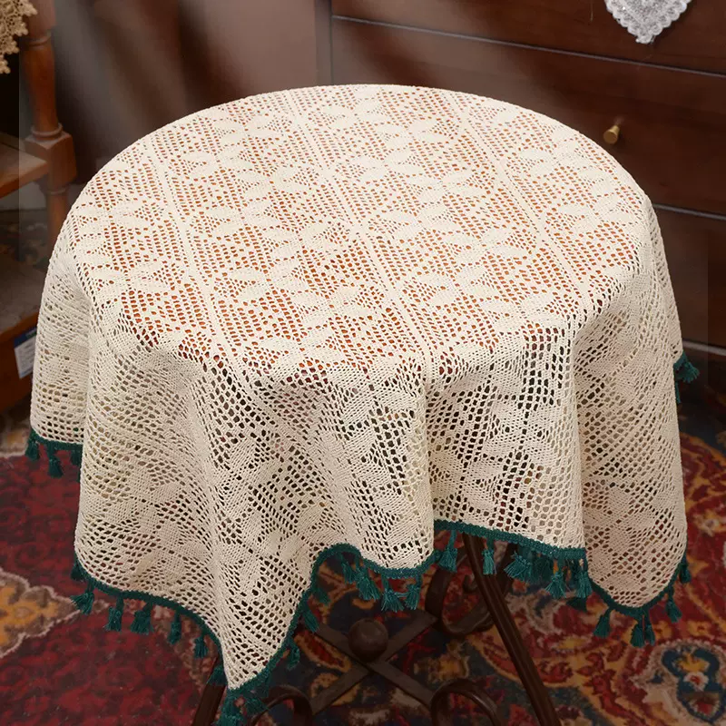 美式乡村复古棉线编制米叶子绿流苏方形桌布茶几布五斗柜桌布盖巾