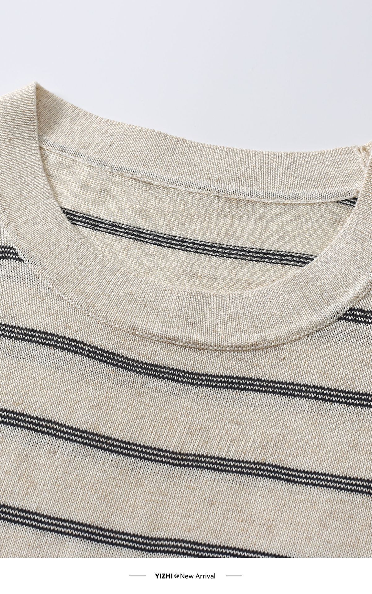 Áo thun nam tay ngắn cổ tròn sọc kẻ chất liệu Tencel thoáng mát — Cà phê gai dầu chi tiết 9