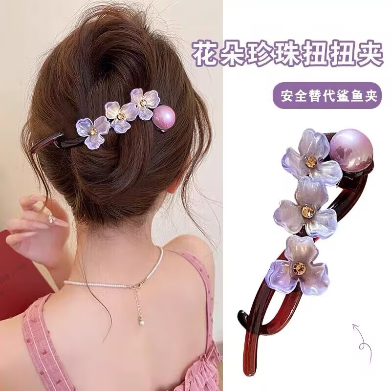 新款简约扭扭夹发夹女后脑勺高级珠珠水钻一字夹抓夹女盘发器发卡|undefined