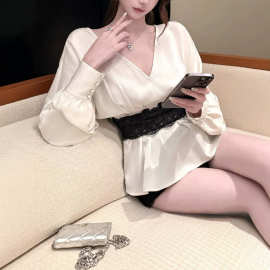 kubilivv【江南新贵】法式蕾丝束腰气质v领衬衫连衣裙女装显贵小