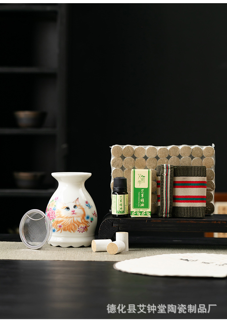 Ceramic Moxibustion Jar Lotus Rim Gua Sha Cup Portable Moxa Warmer with Ash Net and Cloth Cover preparation