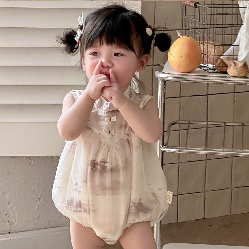 Mono de bebé 2024 estilo fino de verano para niños nuevo mampara de cheongsam chino para niñas abrigo de pedo para bebé ropa de año nuevo