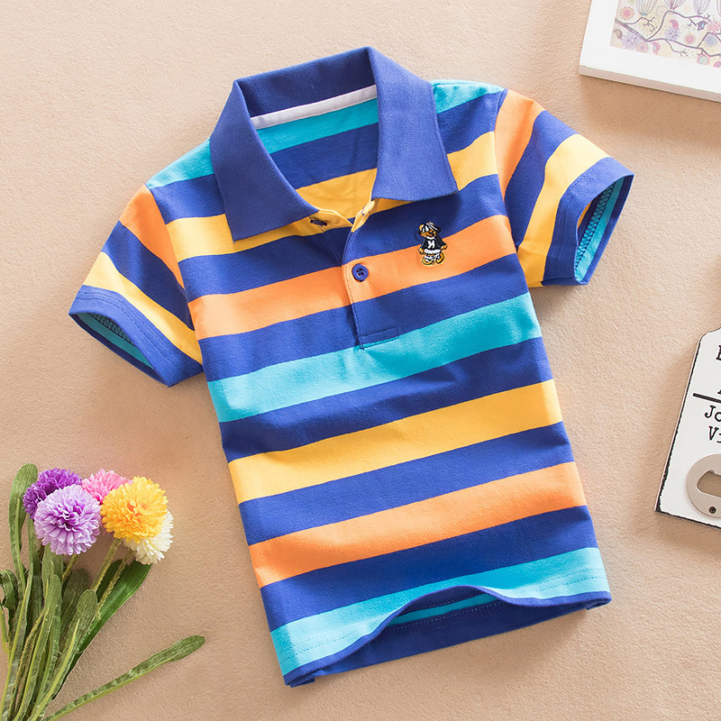 Kids Boys and Girls Short Sleeve T-Shirt Kids polo1-15 95% Cotton Summer Stretch Striped Cross Border