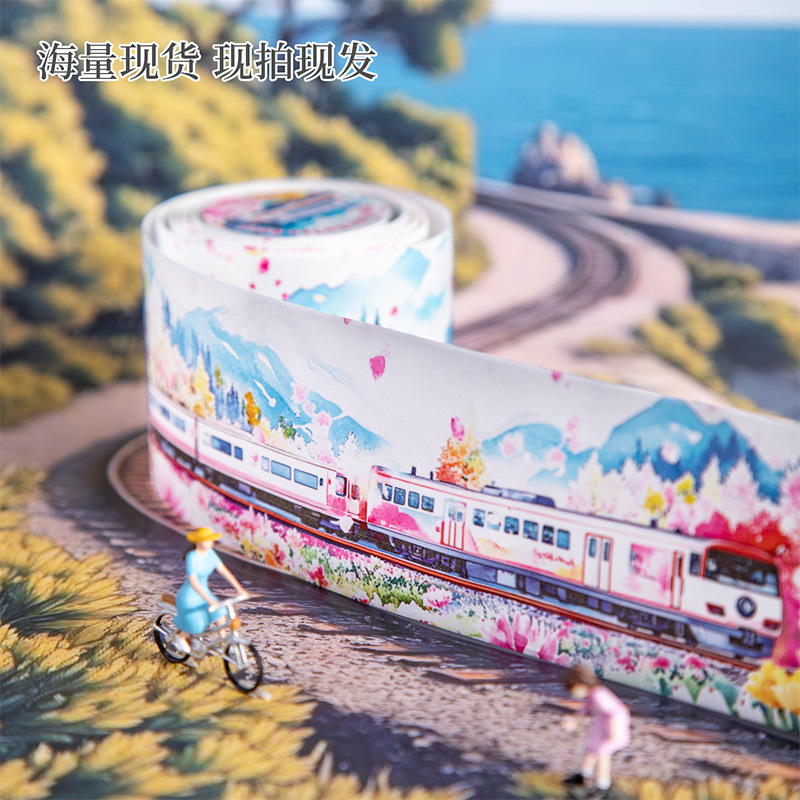 Hermoso día, cinta de paisaje original, tren a la carretera, PET, etiqueta de película de corte de decoración de cuenta manual transparente