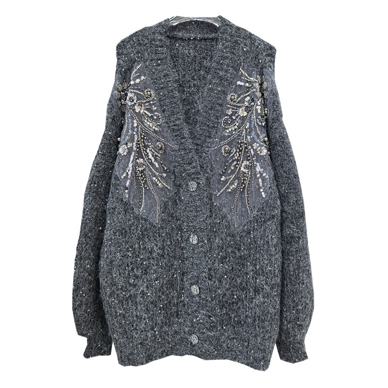 Productos europeos suéter de cuello v chaqueta de mujeres otoño y invierno nuevo estilo de industria pesada estilo francés con sequillas sueltas cardigan de punto perezoso image 2