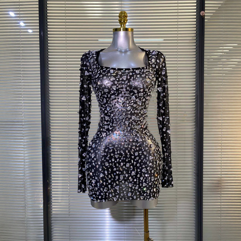 European and American Cross-Border Dress with Rhinestones, Skin-Colored Sheer Nightclub Long-Sleeve Short Dress, Singer's Birthday Stage Performance Outfit European and American Cross-Border Dress with Rhinestones, Skin-Colored Sheer Nightclub Long-Sleeve Short Dress, Singer's Birthday Stage Performance Outfit