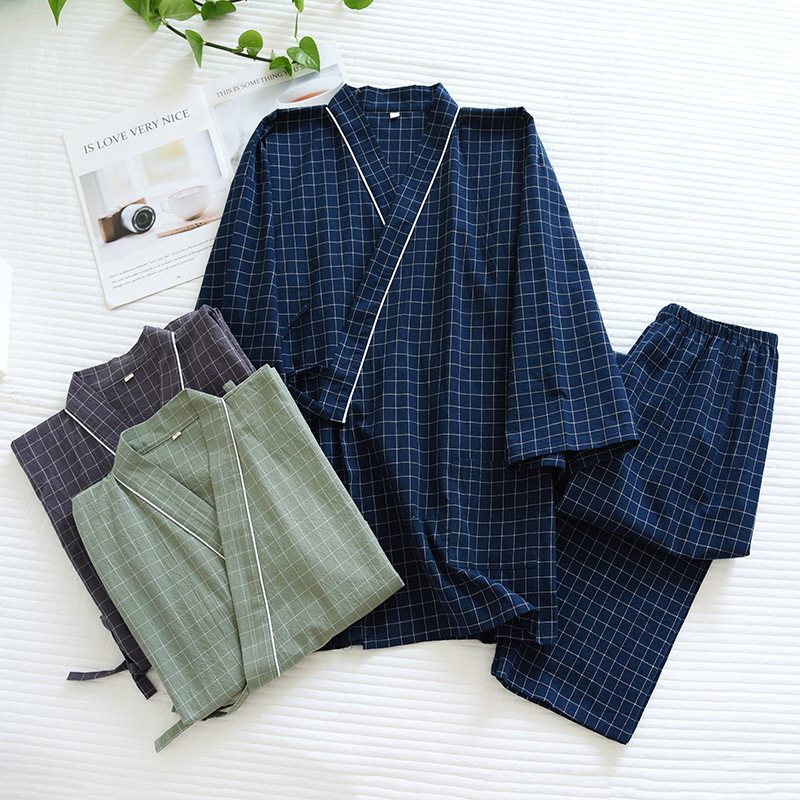 Japanese-Style Kimono Pajamas for Men, Spring, Autumn, and Summer, Pure Cotton, Washed Cotton, Thin, Loose, Sauna Suit, Loungewear Set