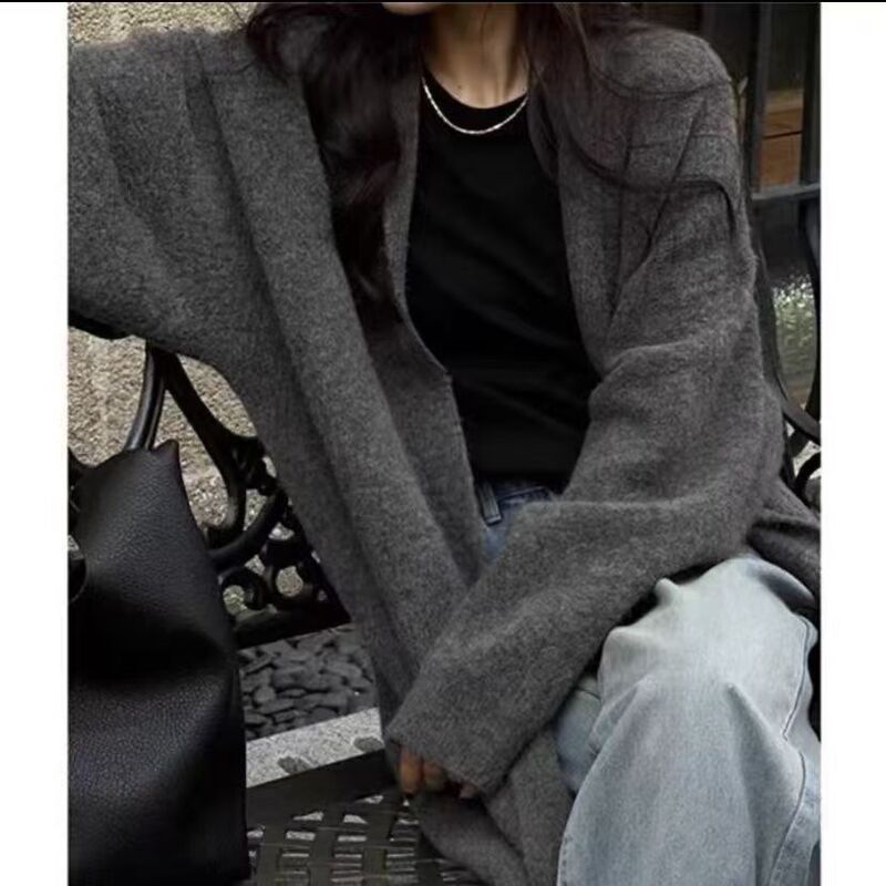 秋冬纯色慵懒过膝宽松大衣大版外套高级显瘦针织开衫毛衣女中长款|undefined