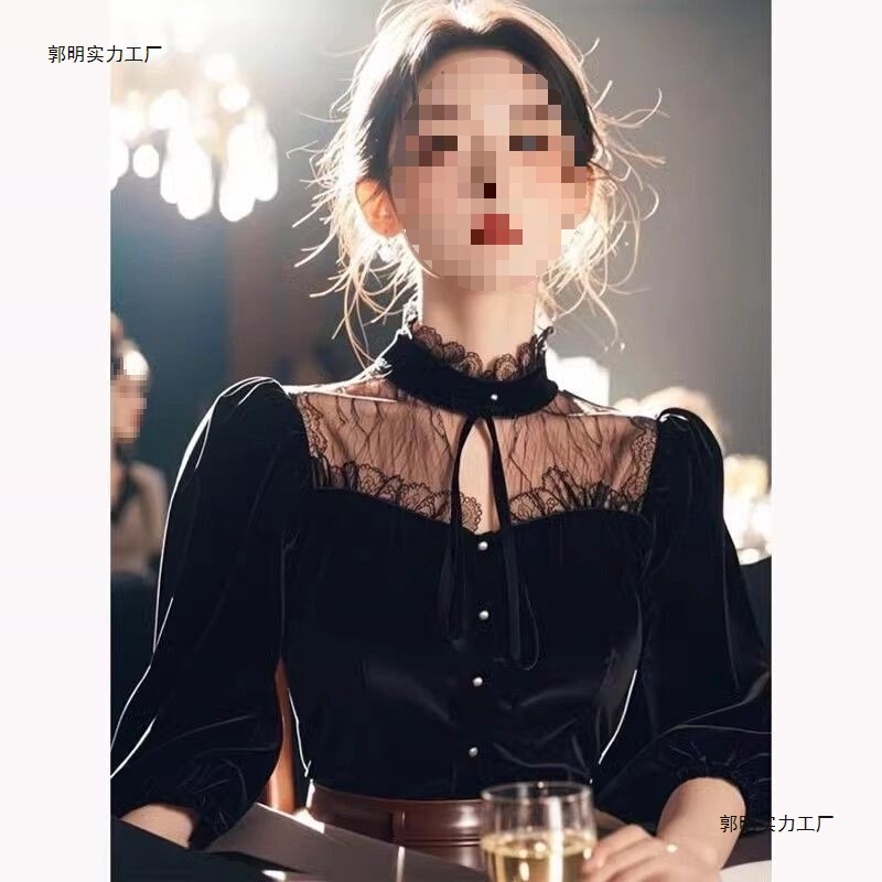 French-Style Black Velvet Lace Patchwork Shirt for Women, New Autumn and Winter Style, Light Luxury and Stylish Top French-Style Black Velvet Lace Patchwork Shirt for Women, New Autumn and Winter Style, Light Luxury and Stylish Top