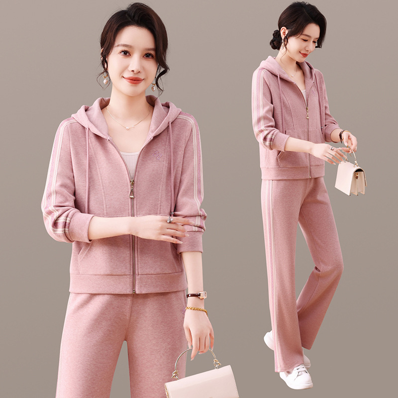 2025 Spring New Fashionable Casual Sports Suit for Middle-Aged Women, Mom's Hooded Cardigan Printed Two-Piece Set