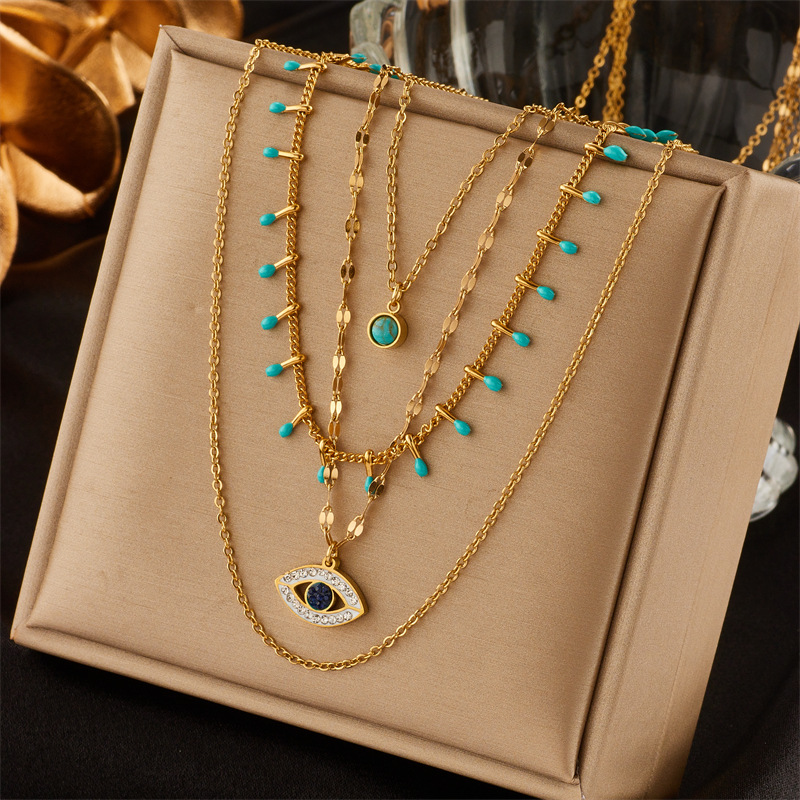 Fashion Round Eye Titanium Steel Plating Inlay Turquoise Layered Necklaces 1 Piece